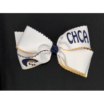 Cottage Hill Christian (White) / Navy-Yellow Gold Pico Stitch Bow - 7 Inch